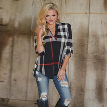 2017 Autumn Fashion Ladies Top V Neck Tops Tee Plaid Women Blouse Shirt Three-quarter Sleeve Casual Feminine Blouses