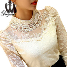 Dingaozlz elegant long sleeve bodysuit beaded Women lace blouse shirts crochet tops blusas Mesh Chiffon blouse female clothing