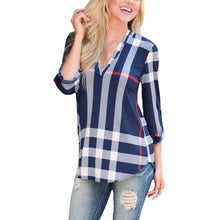 2017 Autumn Fashion Ladies Top V Neck Tops Tee Plaid Women Blouse Shirt Three-quarter Sleeve Casual Feminine Blouses
