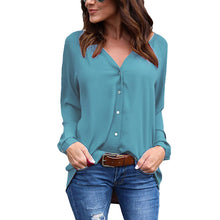 V Neck Sexy Long Sleeve Blouse Button Loose Chiffon Women Shirt Elegant Top