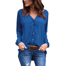 V Neck Sexy Long Sleeve Blouse Button Loose Chiffon Women Shirt Elegant Top