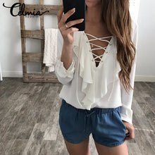 2018 Fashion Spring Summer Women Chiffon Blouse Sexy Lace Up V Neck Ruffles Long Sleeve Black White Tops Casual Plus Size Shirt