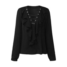 2018 Fashion Spring Summer Women Chiffon Blouse Sexy Lace Up V Neck Ruffles Long Sleeve Black White Tops Casual Plus Size Shirt