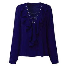 2018 Fashion Spring Summer Women Chiffon Blouse Sexy Lace Up V Neck Ruffles Long Sleeve Black White Tops Casual Plus Size Shirt
