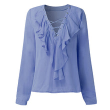 2018 Fashion Spring Summer Women Chiffon Blouse Sexy Lace Up V Neck Ruffles Long Sleeve Black White Tops Casual Plus Size Shirt