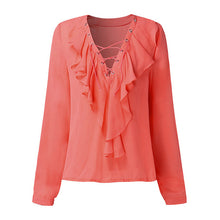 2018 Fashion Spring Summer Women Chiffon Blouse Sexy Lace Up V Neck Ruffles Long Sleeve Black White Tops Casual Plus Size Shirt