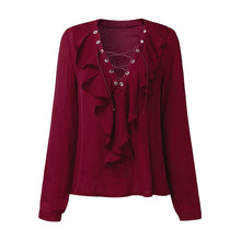 2018 Fashion Spring Summer Women Chiffon Blouse Sexy Lace Up V Neck Ruffles Long Sleeve Black White Tops Casual Plus Size Shirt