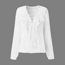 2018 Fashion Spring Summer Women Chiffon Blouse Sexy Lace Up V Neck Ruffles Long Sleeve Black White Tops Casual Plus Size Shirt